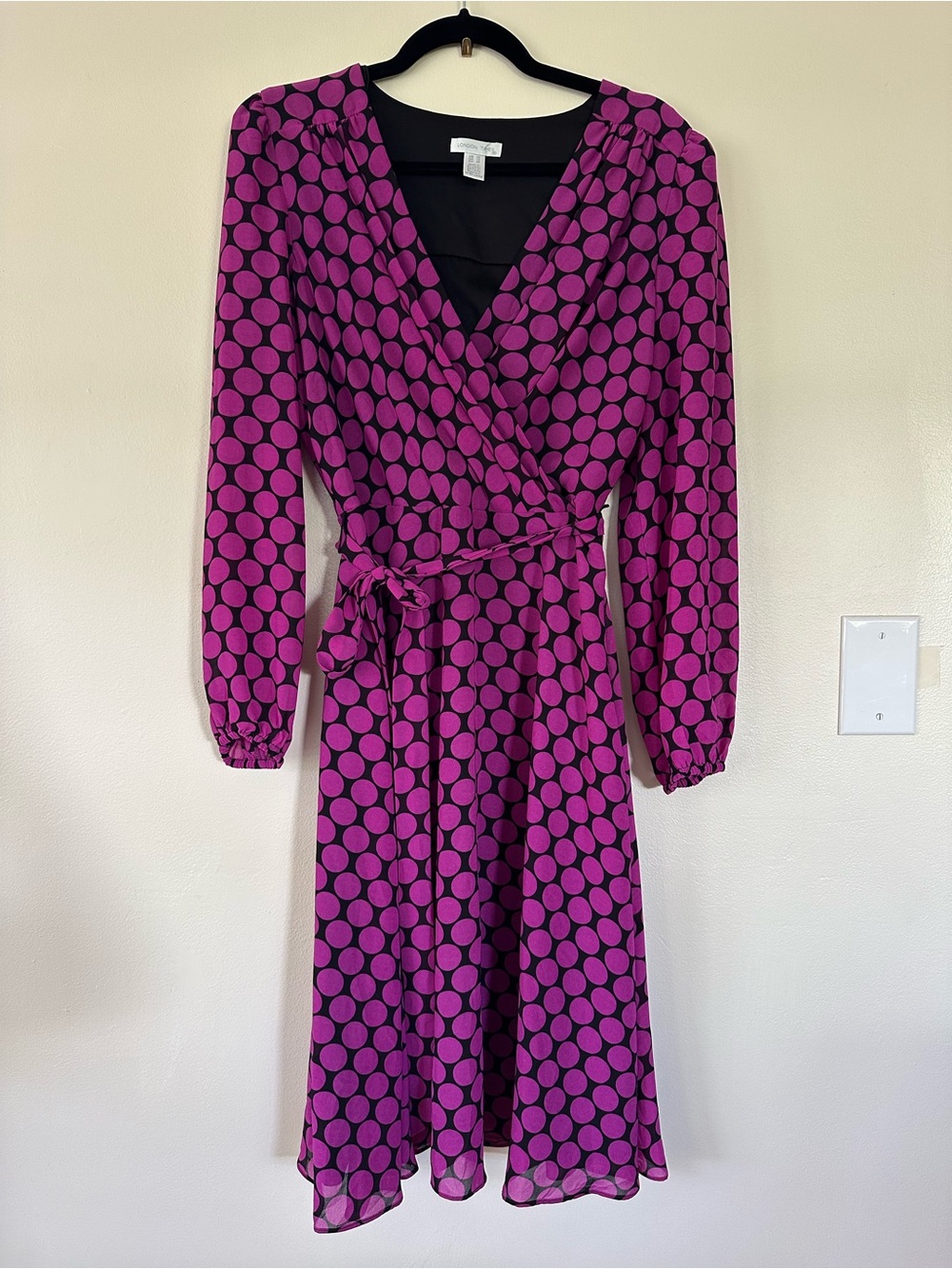 London Times Purple and Black Polka Dot faux Wrap Dress